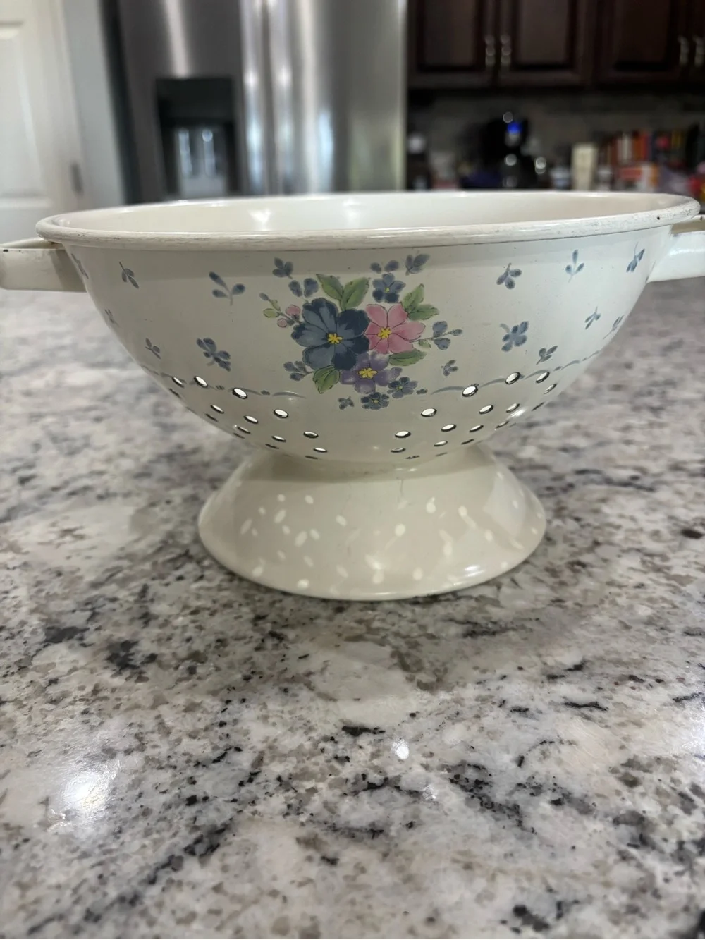 Vintage Cream Floral Enamel Colander Cottagecore Grandma core Decor